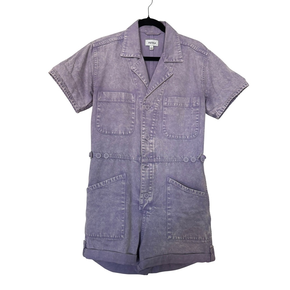 Pistola Grover Short Sleeve Field Suit Purple Acid Wash Denim Romper Small